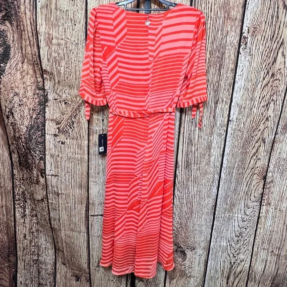 NWT Tommy Hilfiger Women's Coral Stripe Hi-Lo Faux Wrap Dress Tie Sleeve Size 8 - Picture 2 of 13